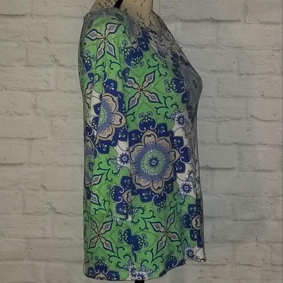 Talbots Shirt Womens Blue Green Geometric Pattern 3/4 Sleeve Pima Cotton, Size L - Picture 4 of 6